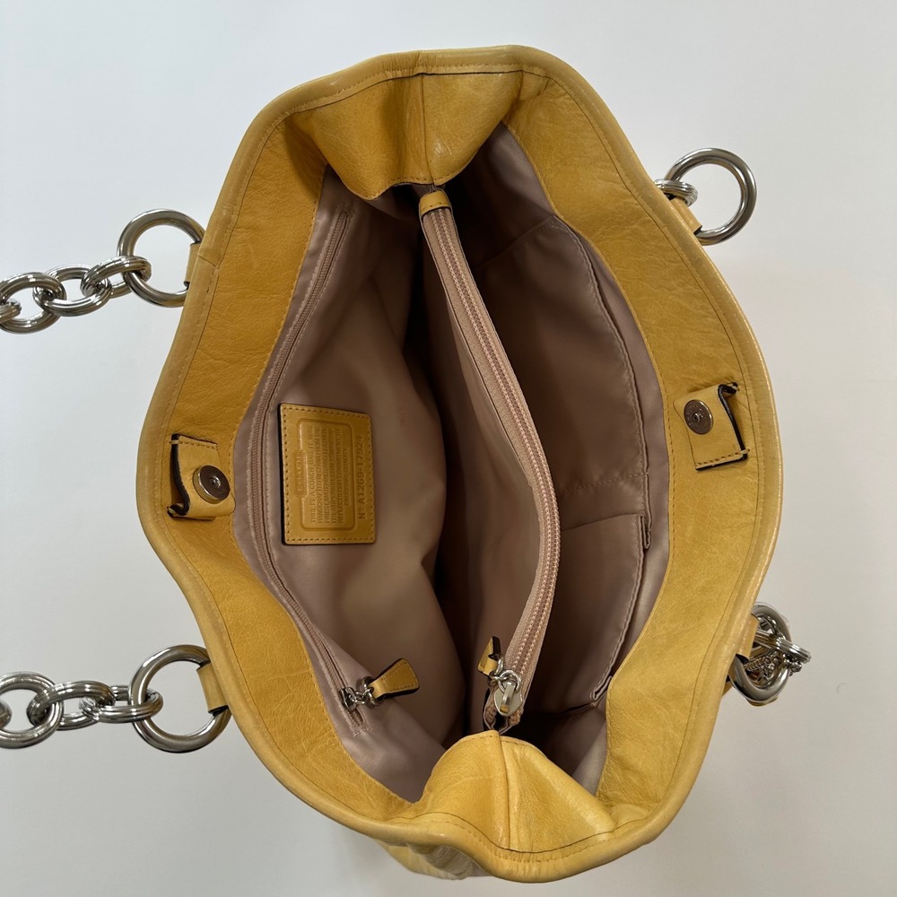 Coach Yellow Leather Tote Bag Silver Chain Strap Front Pocket Flap Closure - Picture 5 of 8